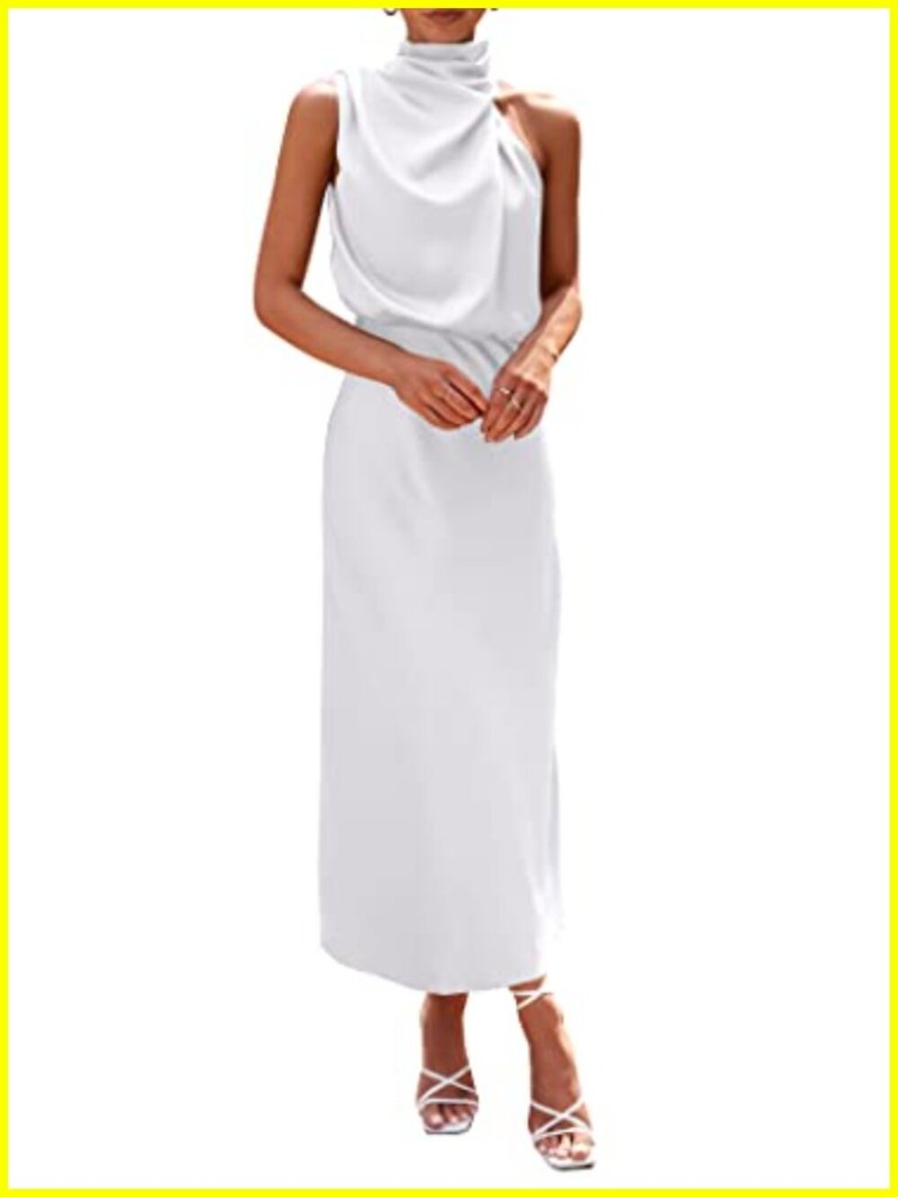 Women's Sleeveless Satin Maxi Swing Dress Mock Neck Party Gown